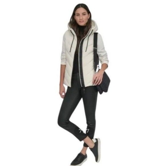 DKNY Ladies Mix Media Scuba Puffer Jacket White Large NWT - Picture 2 of 5